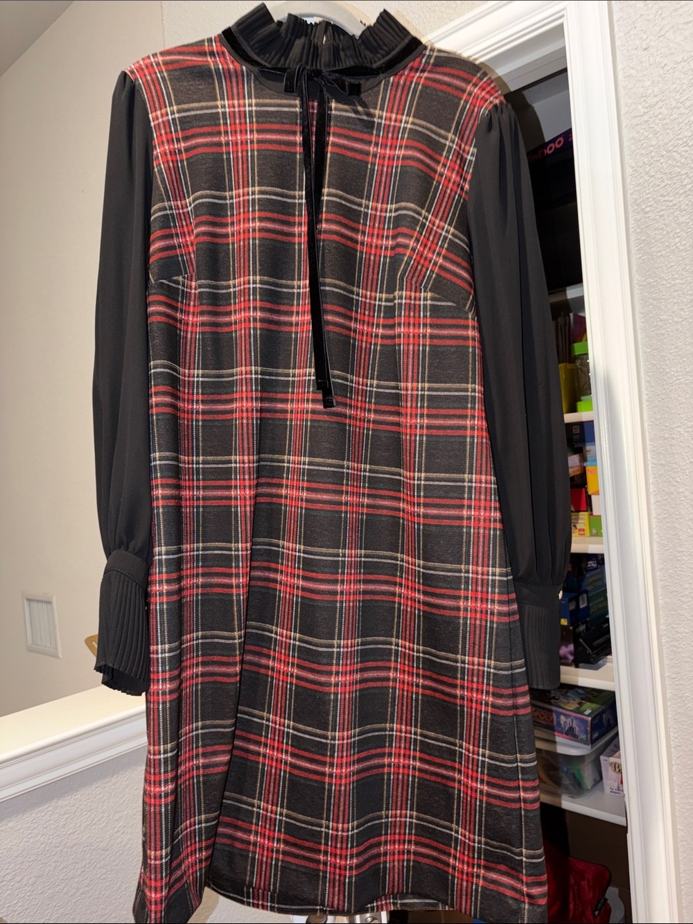 Tommy Hilfiger Red and Black Plaid Long-Sleeve A-Line Dress